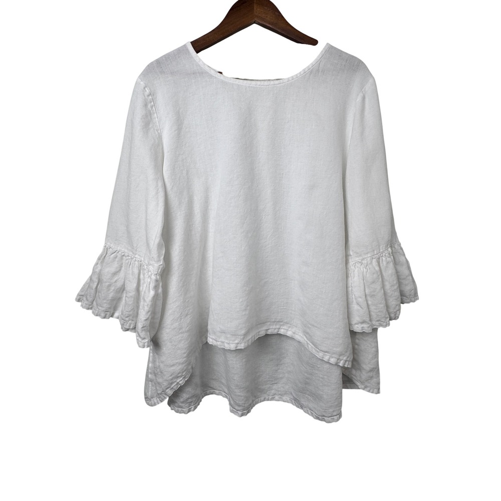 Bryn Walker Fran Basic Linen Ruffle Bell Sleeve High-Low Top White XL - Picture 4 of 14
